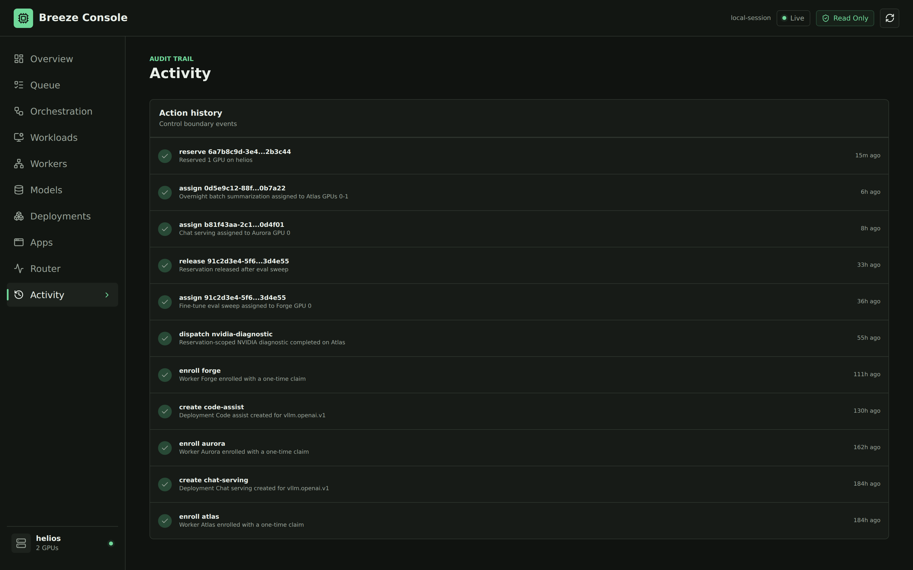 Breeze Console activity trail with append-only audit events.