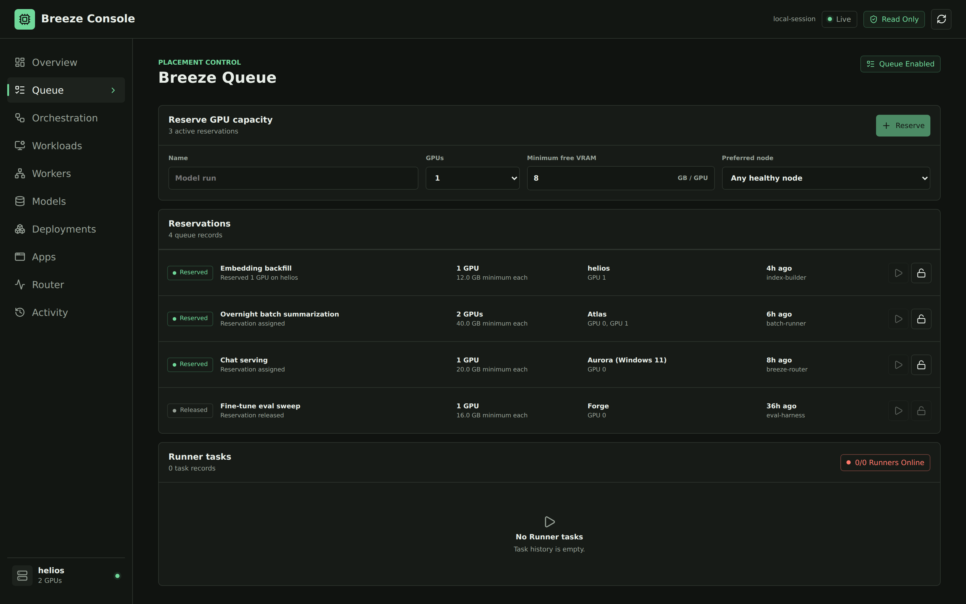 Breeze Queue with GPU capacity reservations across the demo fleet.