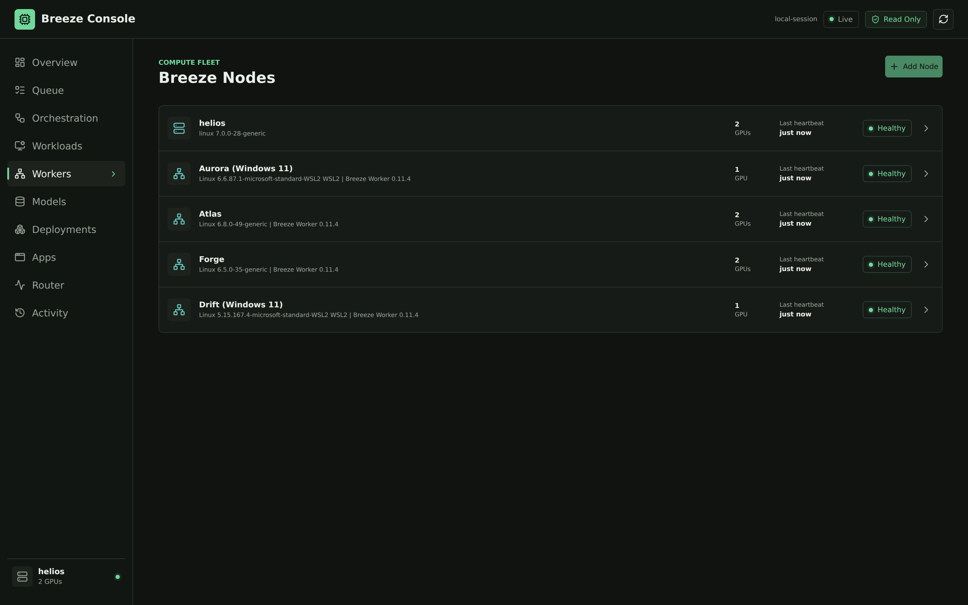 Breeze Console worker list showing Linux and Windows WSL2 nodes.